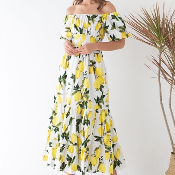 OFF-SHOULDER BOWKNOT CROP TOP AND FLARE SKIRT SET IN LEMON PRINT. Size S. - Picture 5 of 13